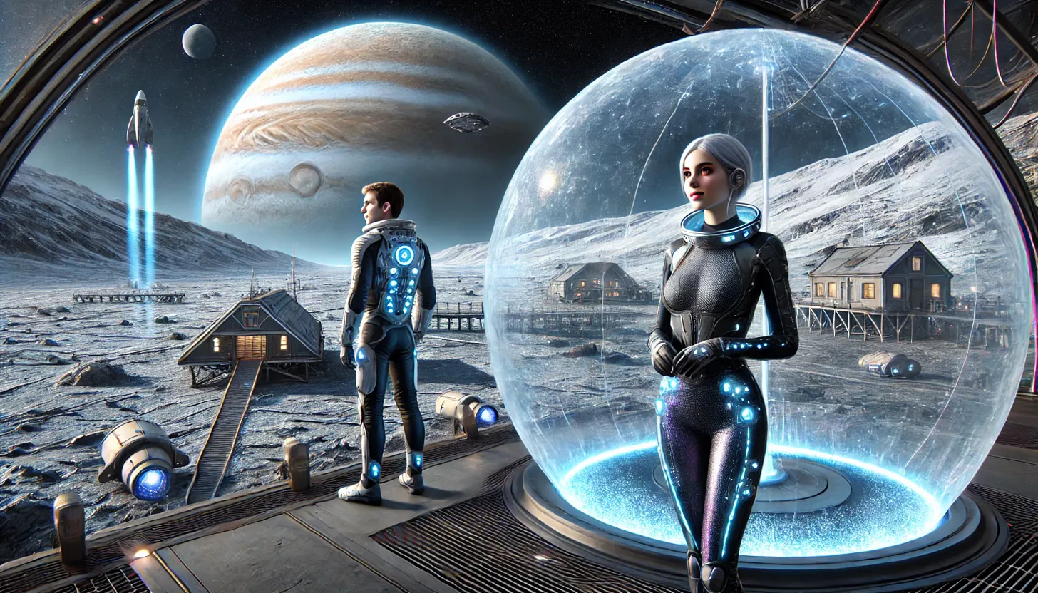 A sci-fi scene showing two figures standing on Europa with Jupiter visible in the sky, inside a translucent metamaterial bubble resort
